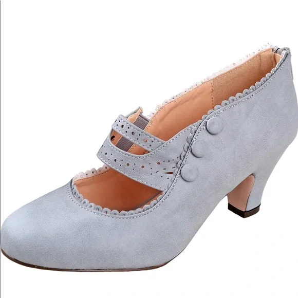 🧡 Chase & Chloe Closed Toe Mary Jane Vintage Heels Gray - Picture 1 of 3